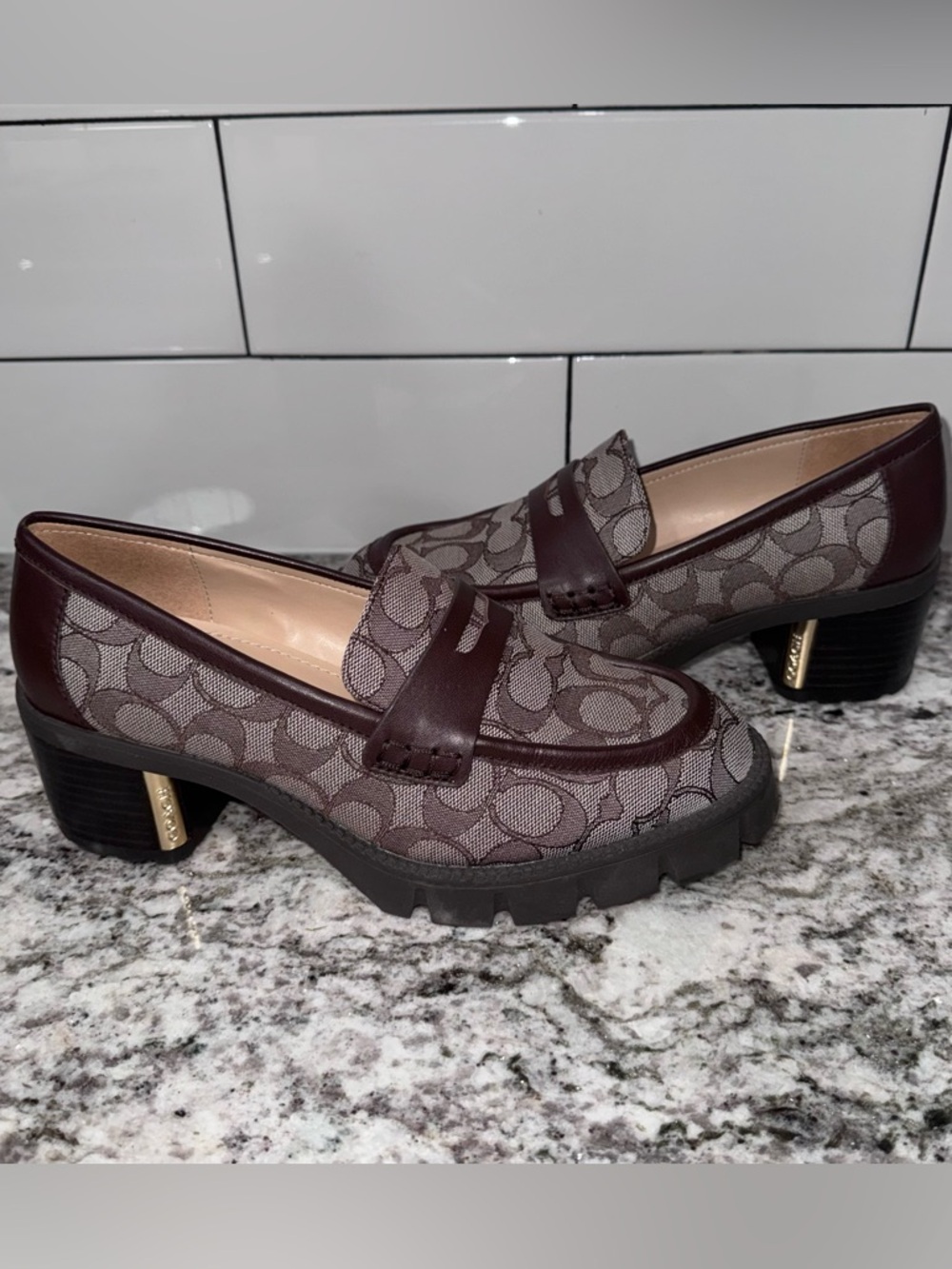Coach Brown Logo Canvas Penny Loafers with Gold Heel Accent